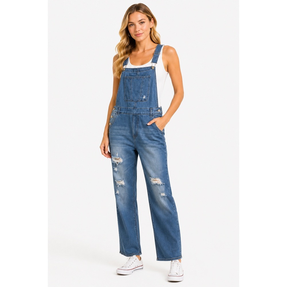 S*JEANS Womens Distressed Denim Overalls Medium Wash Straight Leg Raw Hem L